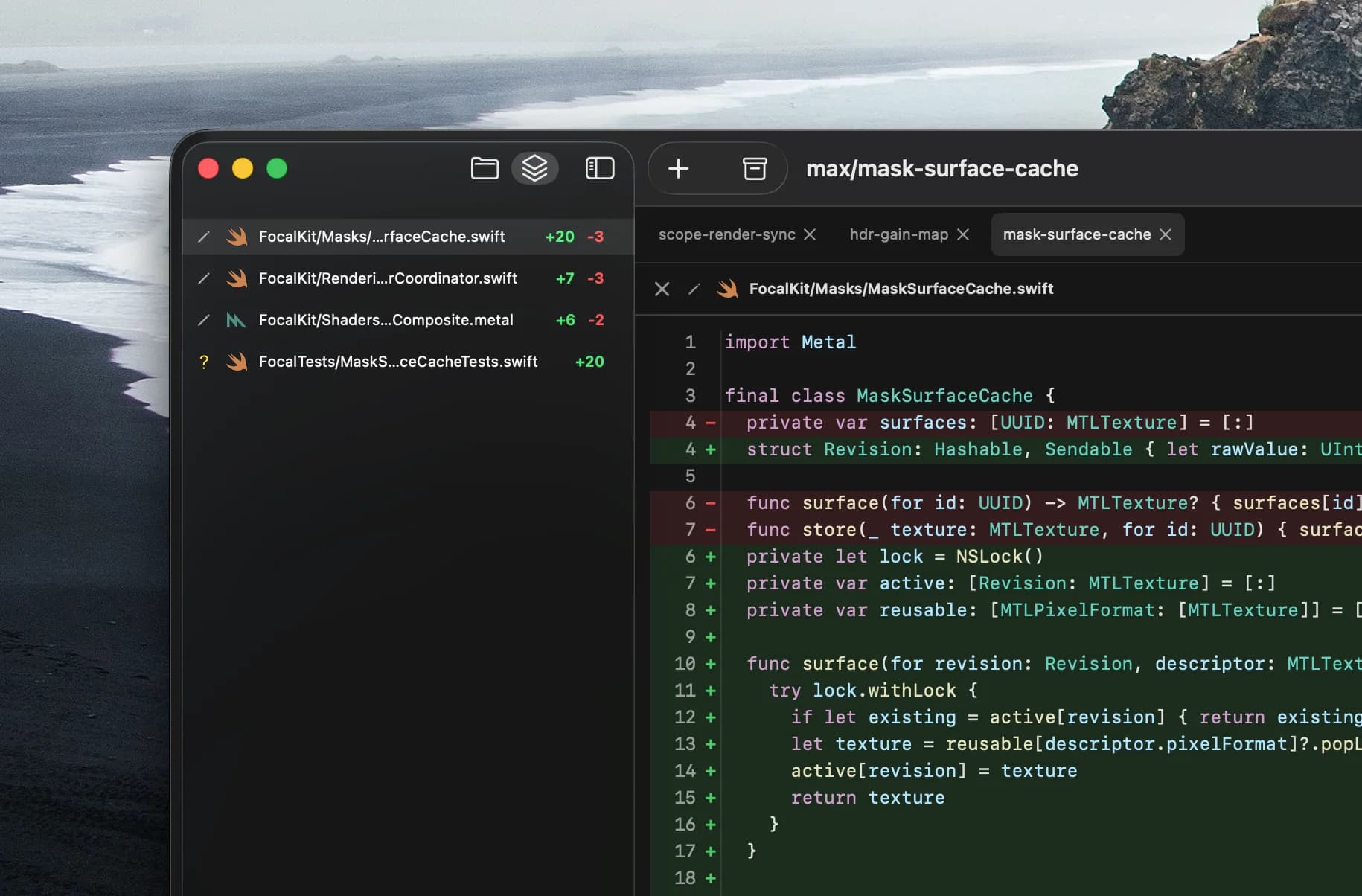 Director diff view showing changed files and a syntax-highlighted Swift diff